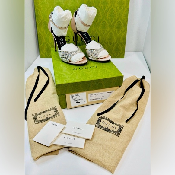 Gucci GG Crystal Embellished Rhinestones Heels Pink Satin Sandals Size 37.5 - Picture 15 of 16